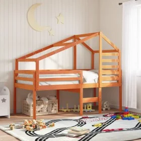 High bed with solid pine wood roof in brown wax 90x200 cm by , Beds and slatted bases - Ref: Foro24-3281979, Price: 238,90 €,...