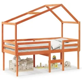 High bed with solid pine wood roof in brown wax 90x190 cm by , Beds and slatted bases - Ref: Foro24-3282060, Price: 222,35 €,...
