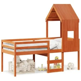Cama alta con techo madera maciza de pino marrón cera 90x200 cm de , Camas y somieres - Ref: Foro24-3282015, Precio: 250,05 €...