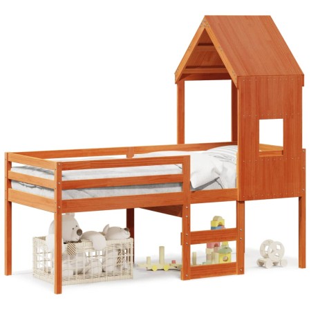 Cama alta con techo madera maciza de pino marrón cera 90x200 cm de , Camas y somieres - Ref: Foro24-3282015, Precio: 253,56 €...