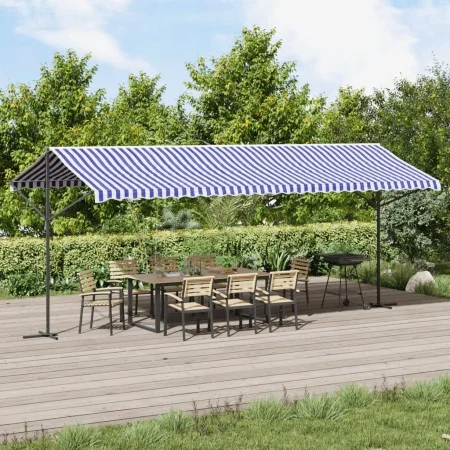 Free-standing awning, blue and white fabric and steel, 600x300 cm. by , Umbrellas - Ref: Foro24-368934, Price: 301,42 €, Disc...