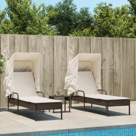 2 synthetic rattan sun loungers with canopy and table in brown color. by , Loungers - Ref: Foro24-3261570, Price: 401,25 €, D...