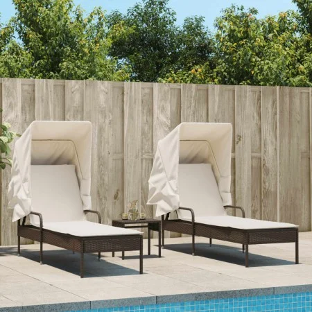 2 synthetic rattan sun loungers with canopy and table in brown color. by , Loungers - Ref: Foro24-3261570, Price: 401,25 €, D...