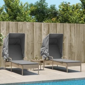 Liegestühle mit Sonnendach und Tisch 2 Stück in synthetischem Rattan in Beige von , Liegen - Ref: Foro24-3261572, Preis: 400,...