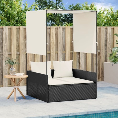 Doppel-Liegestuhl mit Dach und Vorhängen aus schwarzem synthetischem Rattan. von , Liegen - Ref: Foro24-4002755, Preis: 230,2...