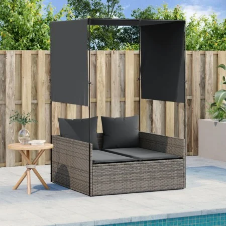 Double sun lounger with roof and gray synthetic rattan curtains by , Loungers - Ref: Foro24-4002757, Price: 229,68 €, Discoun...