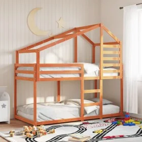 Bunk bed with solid pine wood roof, brown wax, 75x190 cm. by , Beds and slatted bases - Ref: Foro24-3281969, Price: 229,30 €,...