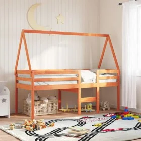 High bed with solid pine wood roof in brown wax 90x190 cm by , Beds and slatted bases - Ref: Foro24-3282100, Price: 185,95 €,...