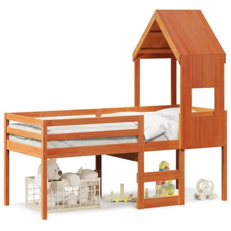 High bed with solid pine wood roof in brown wax 90x190 cm by , Beds and slatted bases - Ref: Foro24-3282018, Price: 240,32 €,...