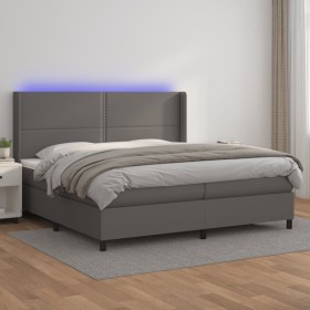 Box spring bed with mattress and LED lights, gray synthetic leather, 200x200 cm. by , Beds and slatted bases - Ref: Foro24-31...