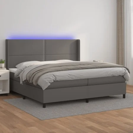 Box spring bed with mattress and LED lights, gray synthetic leather, 200x200 cm. by , Beds and slatted bases - Ref: Foro24-31...