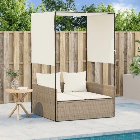 Doppel-Liegestuhl mit Dach und Vorhängen aus synthetischem Rattan in Beige. von , Liegen - Ref: Foro24-4002759, Preis: 229,68...