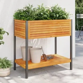Jardinera con estante madera maciza acacia y acero 80x45x80 cm by , Pots and planters - Ref: Foro24-367617, Price: 128,96 €, ...