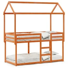 Bunk bed with solid pine wood roof in brown wax, 90x190 cm. by , Beds and slatted bases - Ref: Foro24-3282126, Price: 242,46 ...