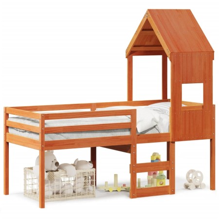 Cama alta con techo madera maciza de pino marrón cera 75x190 cm de , Camas y somieres - Ref: Foro24-3282021, Precio: 232,33 €...