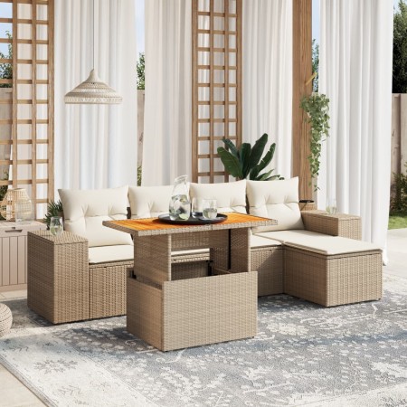 Juego de sofás jardín con cojines 6 pzas ratán sintético beige