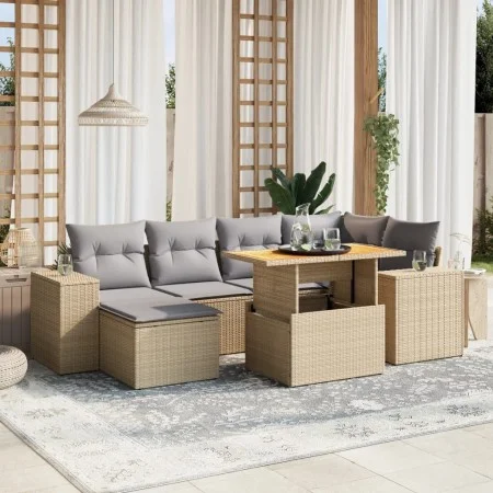 Set of 7-piece garden sofas and beige synthetic rattan cushions by , Garden sets - Ref: Foro24-3272739, Price: 489,53 €, Disc...