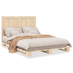 Solid pine wood bed frame with headboard 140x200 cm by , Beds and slatted bases - Ref: Foro24-3281534, Price: 195,61 €, Disco...
