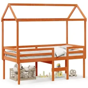 High bed with solid pine wood roof in brown wax 90x190 cm by , Beds and slatted bases - Ref: Foro24-3282140, Price: 236,25 €,...