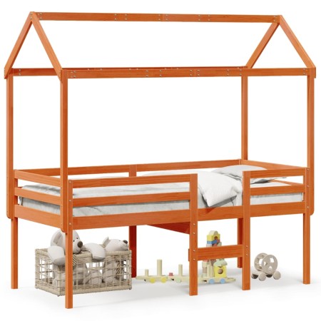 Cama alta con techo madera maciza de pino marrón cera 90x190 cm de , Camas y somieres - Ref: Foro24-3282140, Precio: 239,30 €...
