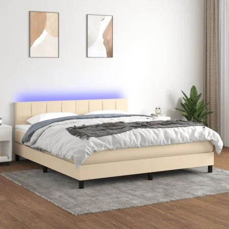 Box spring bed with mattress and LED lights, cream fabric, 180x200 cm. by , Beds and slatted bases - Ref: Foro24-3133178, Pri...
