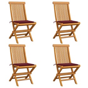 Sillas de jardín 4 uds con cojines rojo tinto madera de teca de , Sillas de jardín - Ref: Foro24-3062577, Precio: 254,73 €, D...