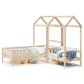 Solid pine wood bed set and bench with roof 90x200 cm by , Beds and slatted bases - Ref: Foro24-3282174, Price: 307,93 €, Dis...