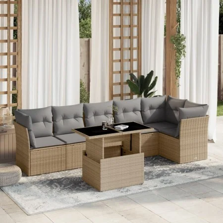 Gartensofagarnitur 7-teilig mit Kissen aus synthetischem Rattan in Beige. von , Gartensets - Ref: Foro24-3266599, Preis: 470,...