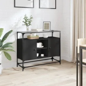 Schwarzer Schrank mit Glas- und Holzdeckel, 98x35x81 cm. von , Sideboards - Ref: Foro24-846069, Preis: 105,17 €, Rabatt: %