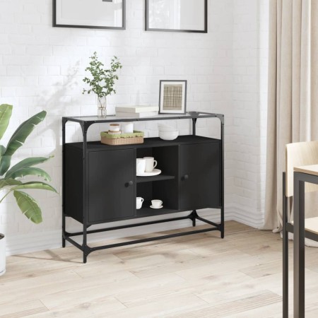 Schwarzer Schrank mit Glas- und Holzdeckel, 98x35x81 cm. von , Sideboards - Ref: Foro24-846069, Preis: 106,71 €, Rabatt: %