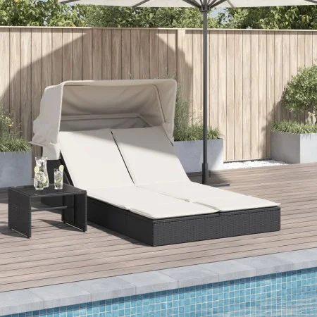 Tumbona doble con capota y cojines ratán sintético negro de , Tumbonas - Ref: Foro24-368637, Precio: 255,96 €, Descuento: %