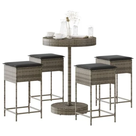 Mesa y taburetes altos jardín 5 piezas y cojines ratán PE gris by , Garden sets - Ref: Foro24-3261445, Price: 289,69 €, Disco...