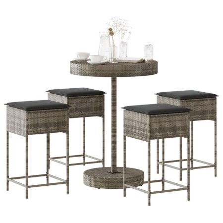Mesa y taburetes altos jardín 5 piezas y cojines ratán PE gris by , Garden sets - Ref: Foro24-3261445, Price: 294,38 €, Disco...
