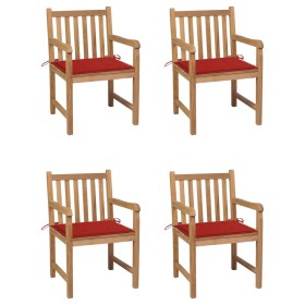 Sillas de jardín 4 uds madera maciza de teca con cojines rojos de , Sillas de jardín - Ref: Foro24-3073010, Precio: 627,57 €,...