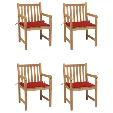 Sillas de jardín 4 uds madera maciza de teca con cojines rojos de , Sillas de jardín - Ref: Foro24-3073010, Precio: 599,76 €,...