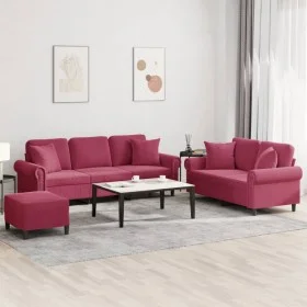 Three-piece velvet burgundy sofa set with cushions by , Sofas - Ref: Foro24-3202284, Price: 627,06 €, Discount: %