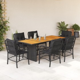 Set de comedor de jardín 7 pzas y cojines ratán sintético negro de , Conjuntos de jardín - Ref: Foro24-3212072, Precio: 659,8...