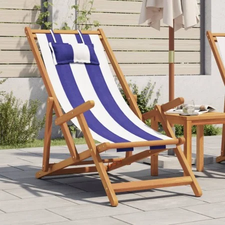 Faltbarer Strandstuhl aus massivem Eukalyptusholz und blau-weißem Stoff. von , Gartenstühle - Ref: Foro24-366563, Preis: 79,7...