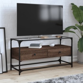 TV stand made of brown oak wood and glass, dimensions 98x35x51 cm. by , TV Furniture - Ref: Foro24-846068, Price: 83,51 €, Di...