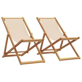 Folding beach chairs, 2 units, fabric and solid beige wood by , Garden chairs - Ref: Foro24-3214498, Price: 109,08 €, Discoun...