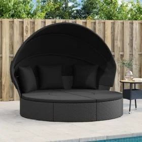 Tumbona cama de jardín con capota y cojines ratán PE negro de , Camas para exteriores - Ref: Foro24-362255, Precio: 591,75 €,...