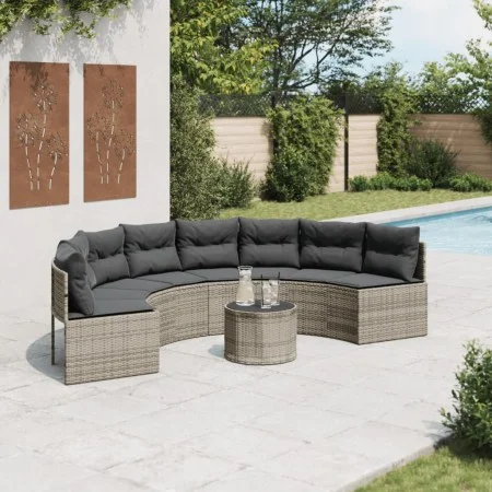 Semicircular garden sofa with table and gray PE rattan cushions by , Outdoor sofas - Ref: Foro24-3318527, Price: 468,85 €, Di...