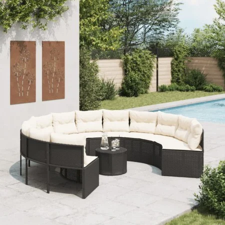Round garden sofa with table and black PE rattan cushions by , Outdoor sofas - Ref: Foro24-3318544, Price: 654,76 €, Discount: %