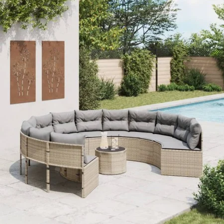 Round garden sofa with table and beige PE rattan cushions by , Outdoor sofas - Ref: Foro24-3318546, Price: 670,50 €, Discount: %