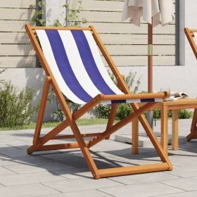 Faltbarer Strandstuhl aus massivem Eukalyptusholz und blau-weißem Stoff. von , Gartenstühle - Ref: Foro24-366567, Preis: 63,6...