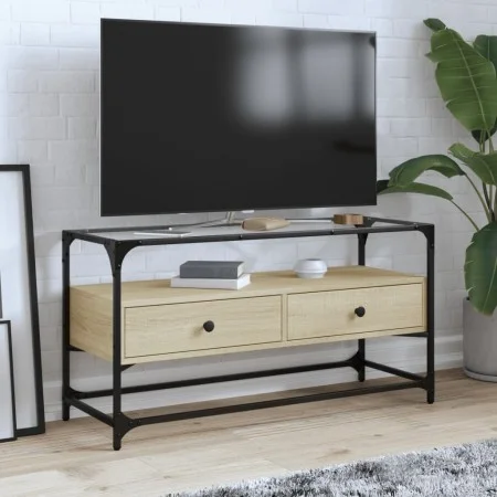 TV stand made of glass and Sonoma oak wood, 98x35x51 cm by , TV Furniture - Ref: Foro24-846065, Price: 74,15 €, Discount: %