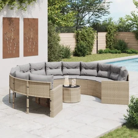 Round garden sofa with table and beige PE rattan cushions by , Outdoor sofas - Ref: Foro24-3318537, Price: 693,08 €, Discount: %