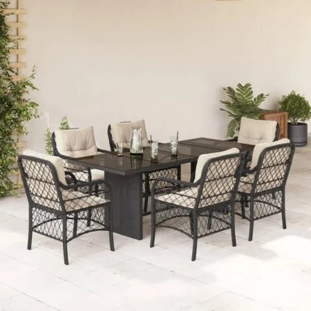 Set de comedor de jardín 7 pzas y cojines ratán sintético negro de , Conjuntos de jardín - Ref: Foro24-3212054, Precio: 753,9...