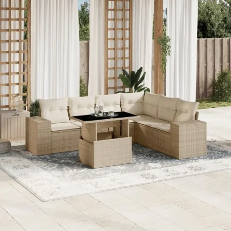 Gartensofagarnitur 7-teilig mit Kissen aus synthetischem Rattan in Beige. von , Gartensets - Ref: Foro24-3269188, Preis: 536,...