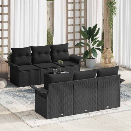 Conjunto de sofá de jardín 7 pcs Negro Poliratán